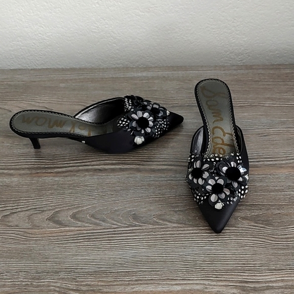 Sam Edelman Shoes - Near New Sam Edelman DORCY Black Satin Kitten Heel Slides Pointy Toe Size 7